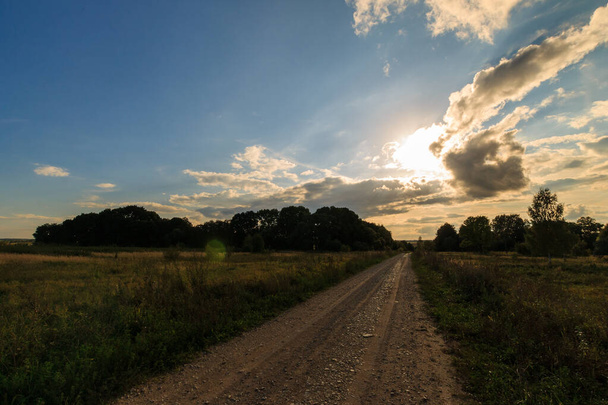 Herfst landschap met groen gras op een weide en bewolkte hemel - Foto, afbeelding