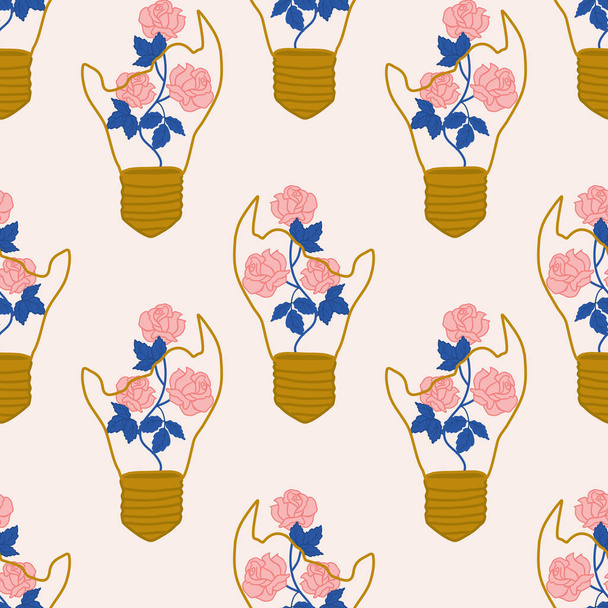 Golden light bulb with roses in a seamless pattern design - ベクター画像