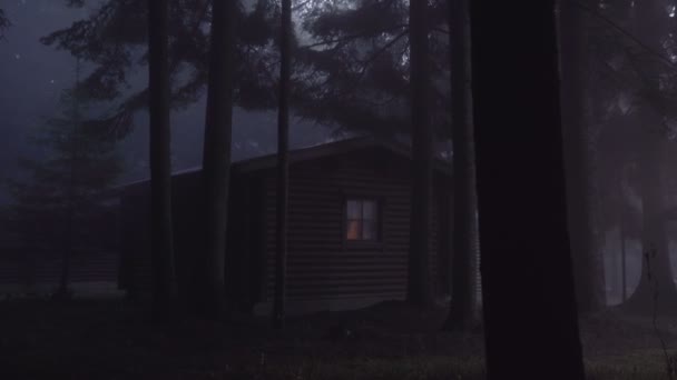 Cabine in donkere mistige bossen. Lange dennen werpen schaduwen op houten hut in de nacht - Video