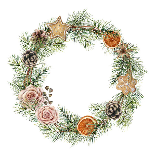 Watercolor Christmas wreath with flowers decor. Hand painted fir wreath with roses, cones, branches, cookies and orange slices isolated on white background. Floral illustration for design or print. - 写真・画像