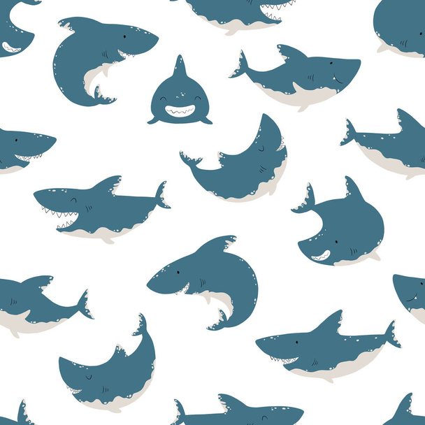 Shark seamless pattern. Childish vector background in simple scandinavian cartoon style. Blue fish in different angles. Ideal for printing onto fabric - Vecteur, image