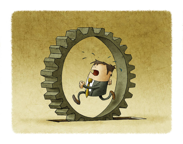 illustration d'un homme d'affaires qui court dans une roue dentée, Concept d'effort et de routine quotidienne
. - Photo, image