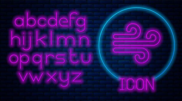 Gloeiende neon Wind pictogram geïsoleerd op baksteen muur achtergrond. Winderig weer. Neon licht alfabet. Vector Illustratie - Vector, afbeelding