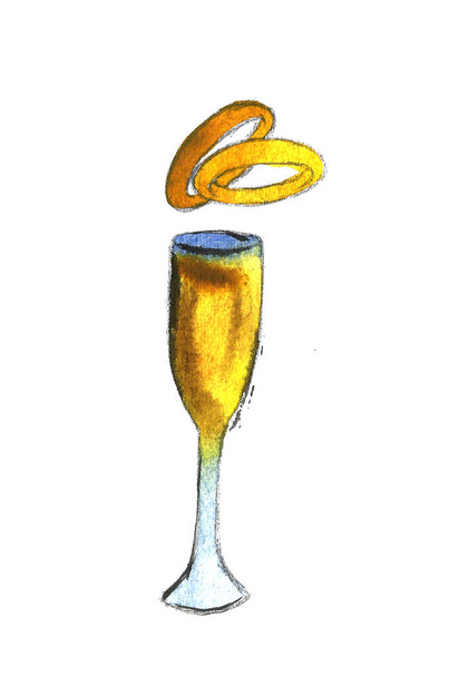 champagne bottle and glass, drawing by watercolor and ink, hand drawn illustration - Foto, Bild