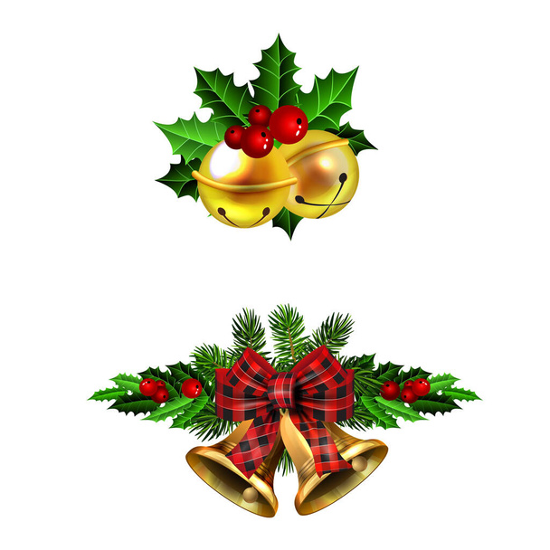 Χριστουγεννιάτικα στολίδια με έλατο χρυσά κουδούνια - Διάνυσμα, εικόνα