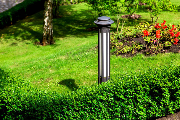 An iron garden lantern is installed in the bushes among the landscape with flower beds and green grass in a well-kept garden on a sunny summer day. - Zdjęcie, obraz