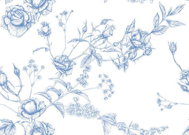  roses and spring flowers. Graphic drawing,  - Vektori, kuva