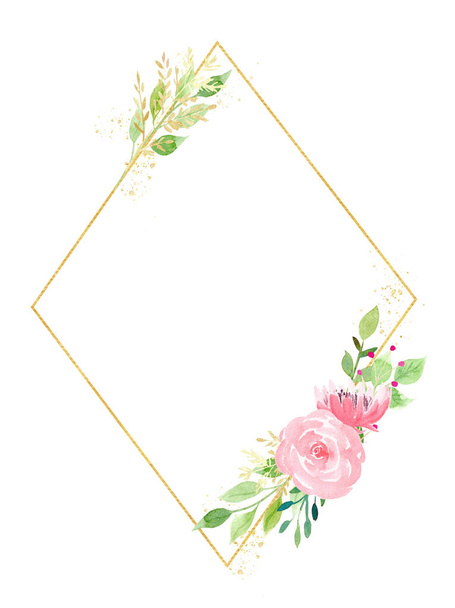Diamond shaped frame with flowers and leaves watercolor raster illustration - Photo, image