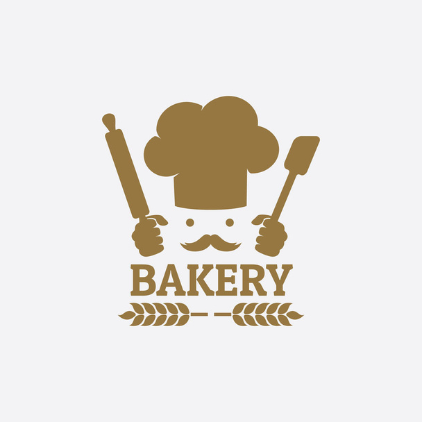 chef hat with hands holding spatula and rolling pin bakery restaurant vector logo design - Vector, Imagen