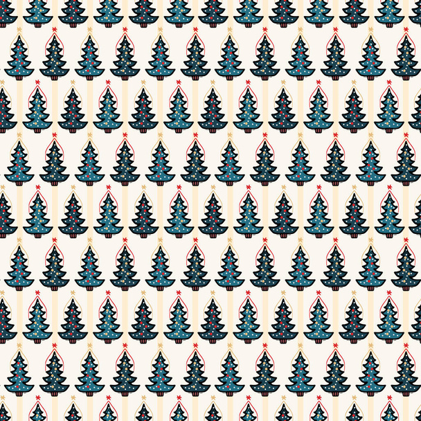 nahtloses Muster. handgezeichneter Schneestern-Weihnachtsbaum. Stern Tanne Wald Streifen Hintergrund. Traditioneller Winterurlaub auf der ganzen Welt. festliche Yule Geschenkpapier Illustration. Vektor-Swatch - Vektor, Bild