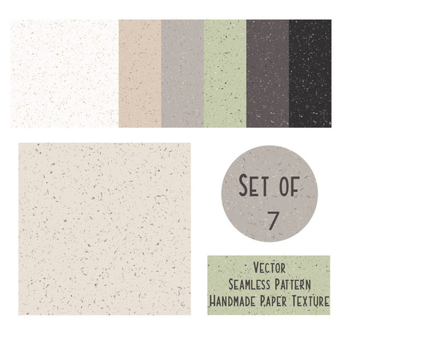 Hand made washi paper texture seamless pattern. Set of 7 tiny speckled hand drawn flecks. Beige, grass green neutral tones. All over recycled print for asian home decor, fashion. Vector swatch repeat. - Vector, Image