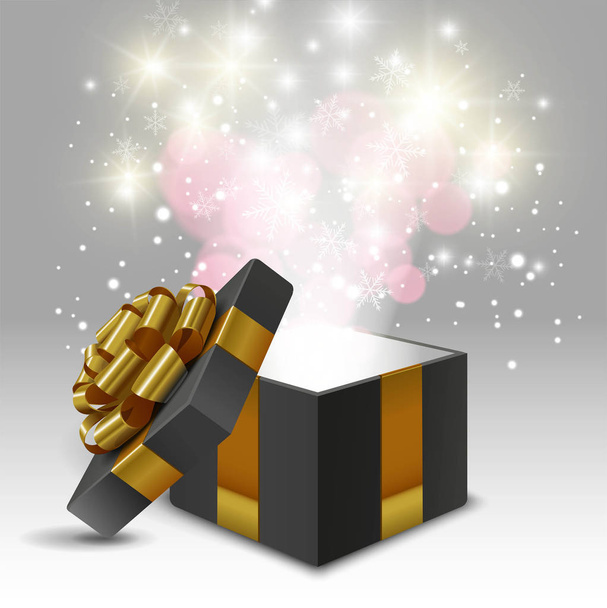 Ανοιγμένο κουτί δώρου με χρυσό φιόγκο και φώτα - Διάνυσμα, εικόνα