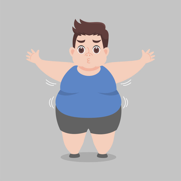大きな脂肪男は彼女の体についての心配は、体重、悲しい、恐れ、不幸な、大きなサイズ、食事不健康な漫画、体重を減らす、ライフスタイル健康的なヘルスケアの概念漫画のキャラクターフラットベクトルデザイン. - ベクター画像