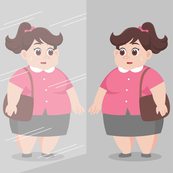 大きな脂肪の女性は鏡の中に自分自身を見て、心配ヘルスケアの概念漫画健康的な文字フラットベクトルデザイン. - ベクター画像