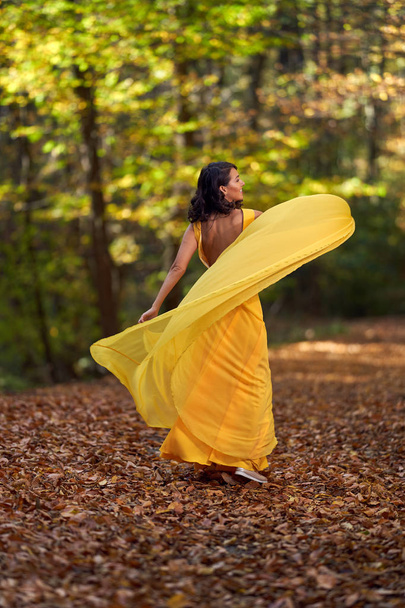 Happy young woman in long yellow dress dancing in an autumn landscape - Foto, Imagen