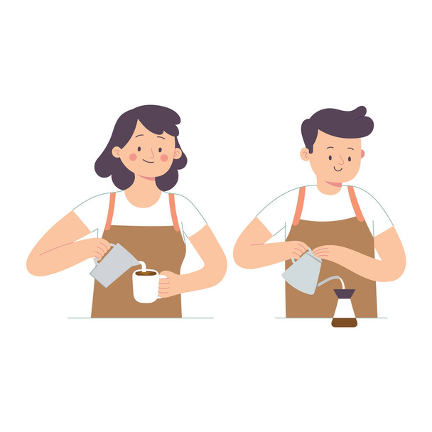 dvě pracovnice a muži pracující jako baristky v kavárně, mladé ženy a mladí muži jako baristky nalévající a zpracovávající kávové přípravky, ukázka vektorového charakteru - Vektor, obrázek