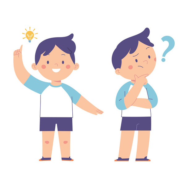 expression of a little boy who gets a new idea with a light bulb and the expression of asking questions with question marks, character vector illustration - Vector, Image