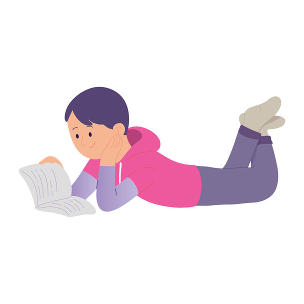 ένα αγόρι είναι ξαπλωμένο χαλαρό ενώ διαβάζει ένα βιβλίο, ένα παιδί είναι ξαπλωμένο στο πάτωμα και απολαμβάνει ένα βιβλίο στον ελεύθερο χρόνο του, ένα παιδί διανυσματικό χαρακτήρα - Διάνυσμα, εικόνα
