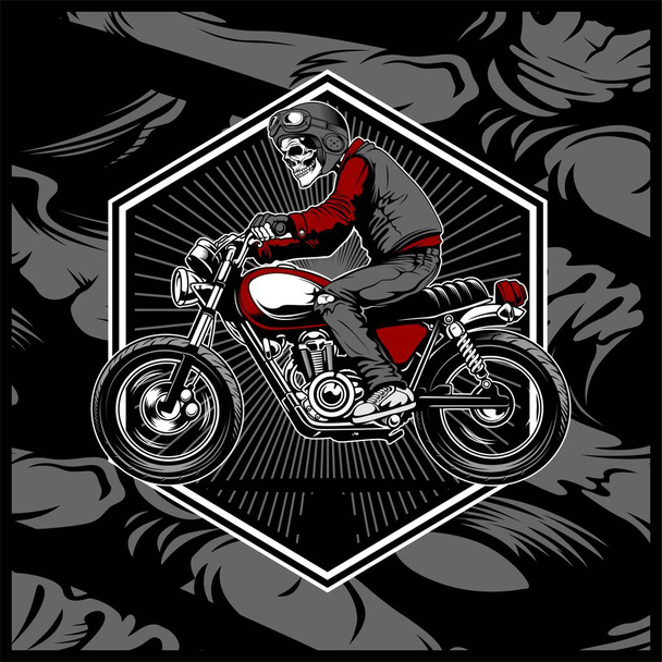 skull wearing a helmet riding an old motorcycle,vector - Vector, Image