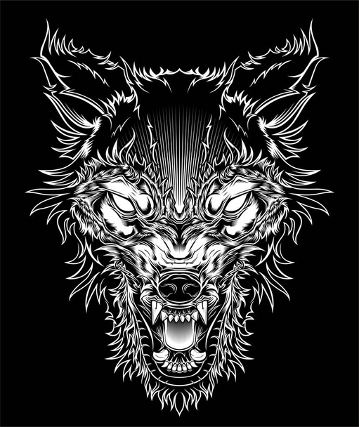 ベクトル図頭凶暴な狼、黒の背景にアウトライン シルエット - ベクター画像