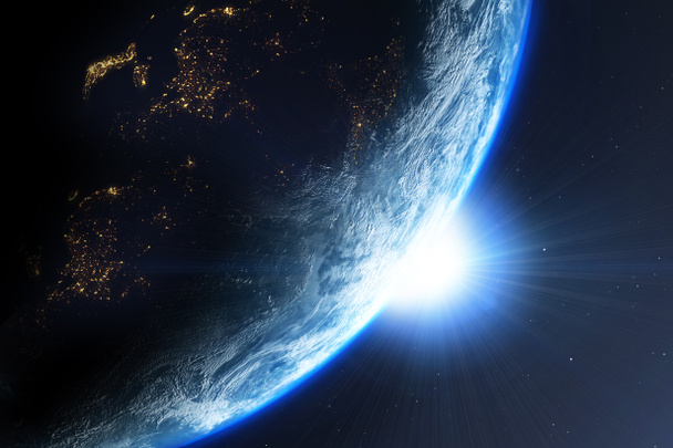 Planeta Terra com sol visto do espaço, renderização 3d do planeta Terra, elementos desta imagem fornecidos pela NASA
 - Foto, Imagem