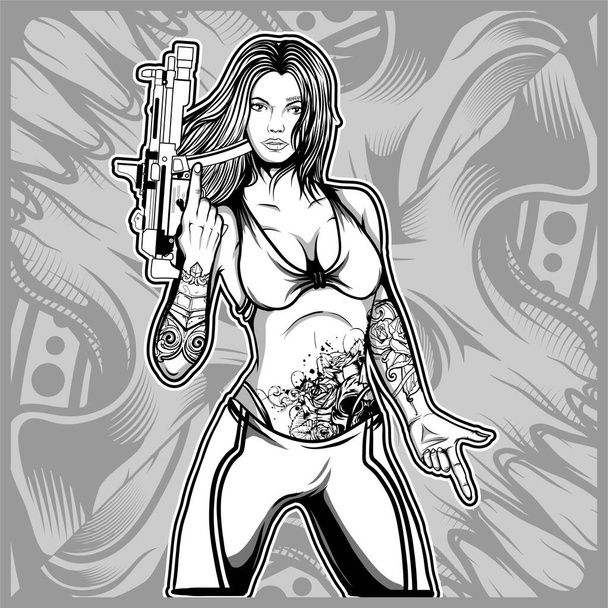 szexi nő kezében fegyver kéz rajz vektor - Vektor, kép