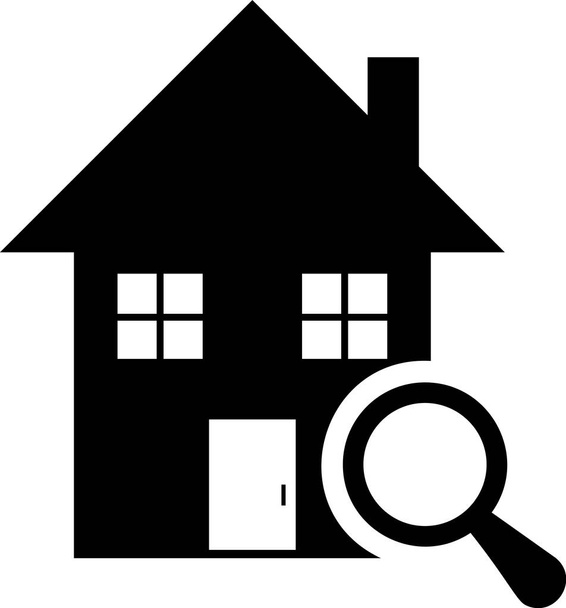 Czarna ikona Szukaj domu na białym tle. Symbol nieruchomości domu pod lupą. Ilustracja wektorowa - Wektor, obraz