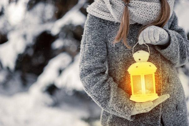 όμορφη νεαρή κοπέλα στο χειμώνα δάσος εκμετάλλευση διακόσμηση - Φωτογραφία, εικόνα