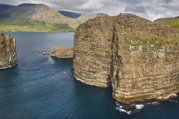 Faroe islands dramatic coastline viewed from helicopter. Vagar c - Photo, Image