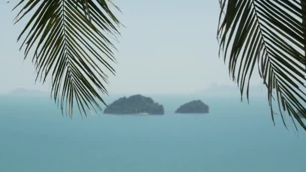 Πέντε Αδερφές Νήσοι σε γαλήνια επιφάνεια νερού. Μαγευτικό τοπίο, πράσινο και βαθιά ήρεμα νερά, Samui Ταϊλάνδη. Χαλαρώστε ταξιδιωτικές διακοπές έννοια θέρετρο διακοπών. Bird eye πανοραμική εναέρια drone top view - Πλάνα, βίντεο
