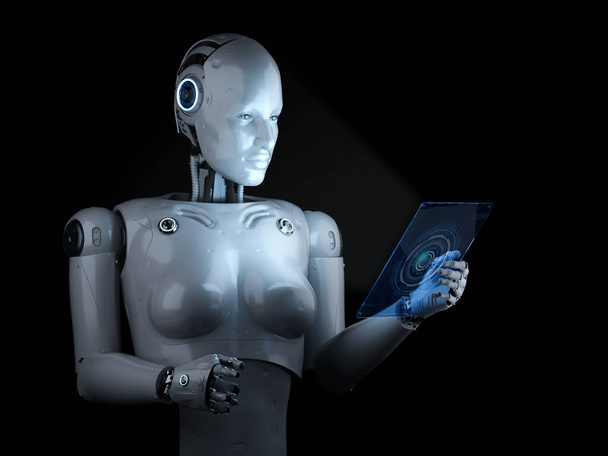 Vrouwelijke cyborg met glazen tablet - Foto, afbeelding