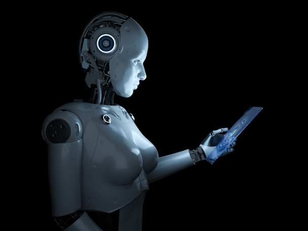 Vrouwelijke cyborg met glazen tablet - Foto, afbeelding