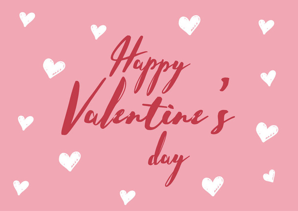 Happy Valentines Day Typografie-Postkarte mit handgeschriebenem Kalligrafie-Text mit Herzen auf rosa Hintergrund. Handgezeichnete elegante moderne Pinselschrift. Grußkarte - Foto, Bild