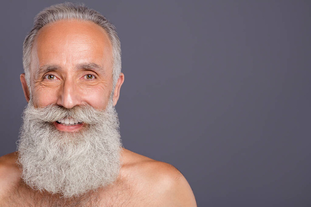 Closeup photo of aged handsome man amazing neat long beard after styling salon nice result strong naked shoulders shirtless isolated grey background - Photo, Image