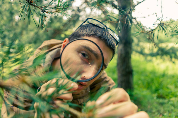 Picture of ecologist with magnifying glass next to pine in forest on summer day - Foto, Bild