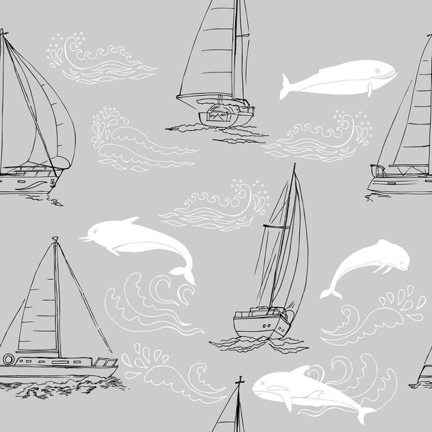 Nautica seamless pattern with ships, yachts, sea animals, dolphin and sea knots. Hand drawn elements for summer holidays - Wektor, obraz
