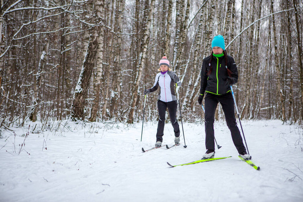 Photo de femmes et d'hommes sportifs skiant dans la forêt d'hiver pendant la journée
 - Photo, image