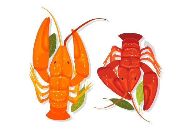 Owoce morza. Pomarańczowe i czerwone raki, homary, crayfishes są z laurowymi liśćmi. - Wektor, obraz