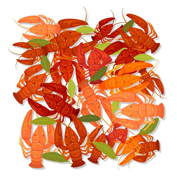Beer snack. Boiled red crayfishes served with greenery. Prepared crawfishes or lobsters. - Vector, Image
