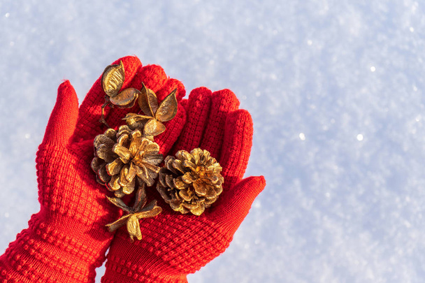 Golden pine cones and decorative new year items in human hands with open palms wearing red knitted gloves. Merry Christmas and winter holidays concept. Greeting card with copy space - Fotó, kép