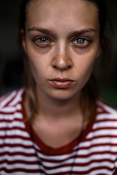Emotional portrait of abused, crying, beautiful, young ,caucasian woman in underwear - violence concept - Valokuva, kuva