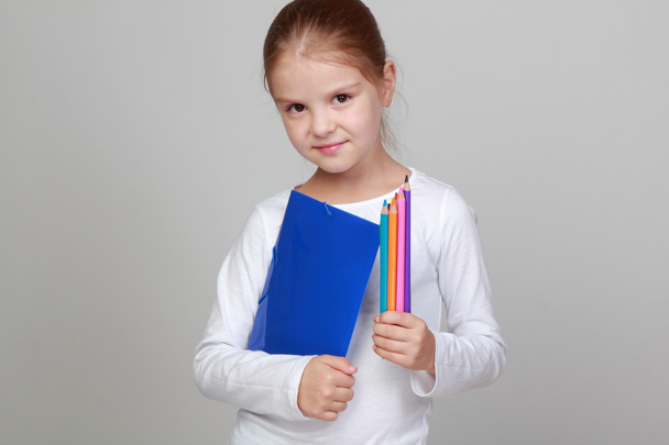 Girl holding a blue folder and pencils - 写真・画像