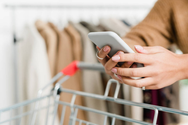 Female shopper hands holding smartphone while scrolling and pushing cart during visit to boutique within seasonal sale period - 写真・画像