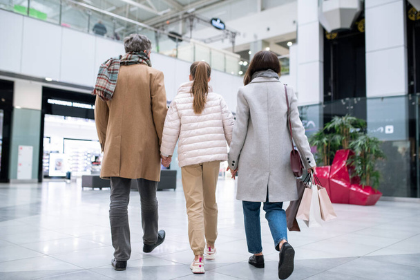 Задний вид на пару и их дочь в повседневной одежде, движущихся вниз современный торговый центр после покупок
 - Фото, изображение