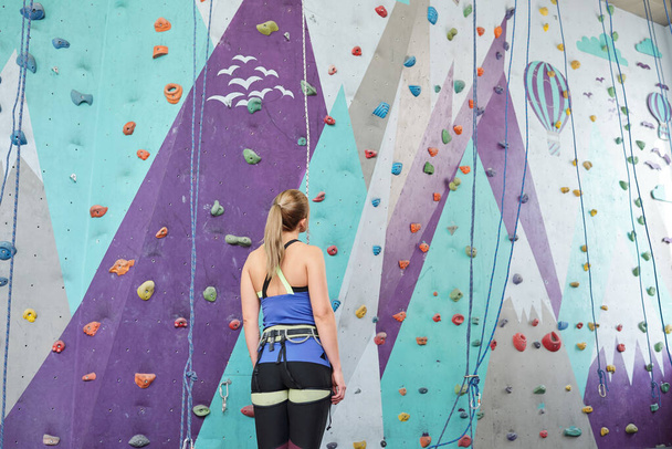 Veduta posteriore della giovane arrampicatrice in piedi davanti alla parete di arrampicata con rocce e guardando le foto mentre si prepara per l'allenamento
 - Foto, immagini