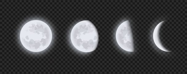 Moon phases, waning or waxing crescent moon on transparent checkered background. Lunar eclipse in stages from full moon to thin moon, realistic vector illustration. - Vector, Image
