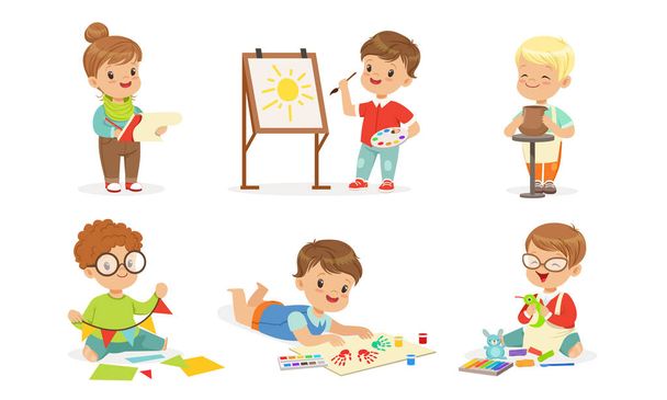 Kleinkinder beschäftigen sich mit Kreativität. Vektorillustration. - Vektor, Bild