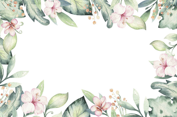 Hand drawn watercolor tropical flower background. Exotic palm leaves, jungle tree, brazil tropic botanical decoration botany elements and flowers. Perfect for fabric design. - Foto, Bild