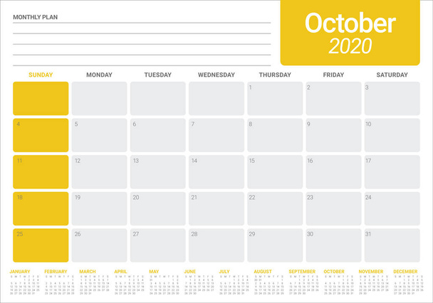 Векторная иллюстрация календаря октября 2020
 - Вектор,изображение