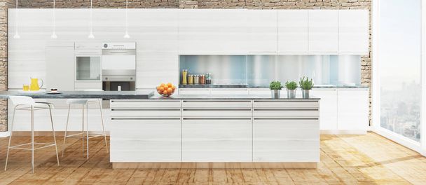 Wooninterieur van moderne keuken in luxe herenhuis, 3d rendering - Foto, afbeelding